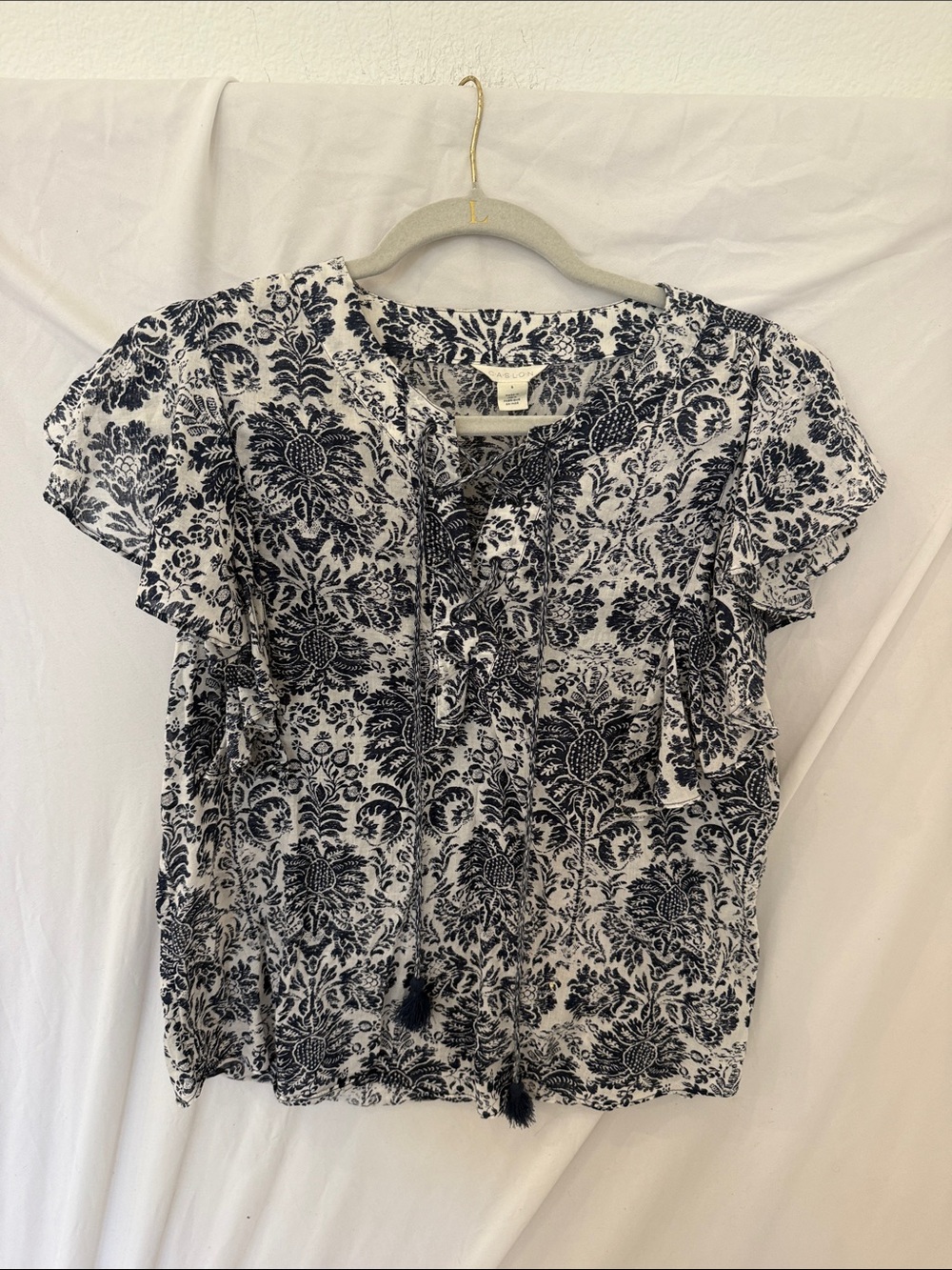 CASLON blue floral Top Flutter Short Sleeve 100% Cotton small